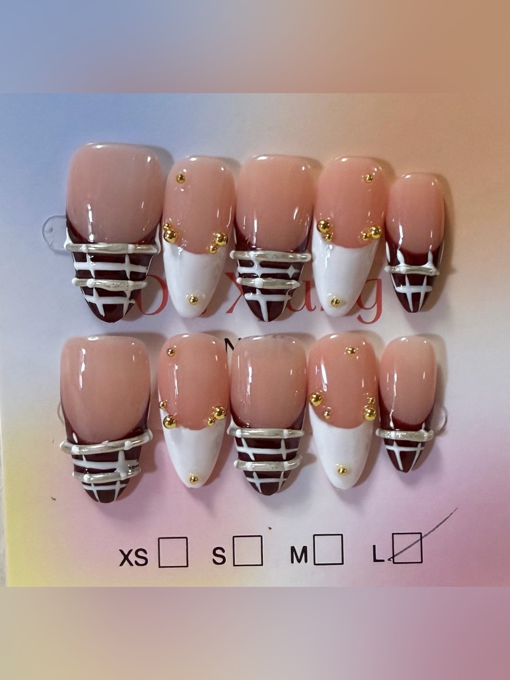 Neutral Pink & White Gel Press-On Nails with Gold Accents